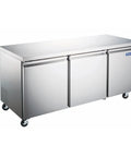 Kick Butt Commercial Under Counter Refrigerator Three Self Closing Doors Stainless Steel Interior 72 Inches with smooth top surface.