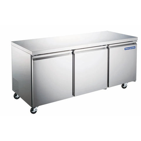 Kick Butt Commercial Under Counter Refrigerator Three Self Closing Doors Stainless Steel Interior 72 Inches with smooth top surface.