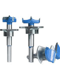 Front view of three adjustable carbide hinge-hole boring bits with blue T-handle tops and metal shanks