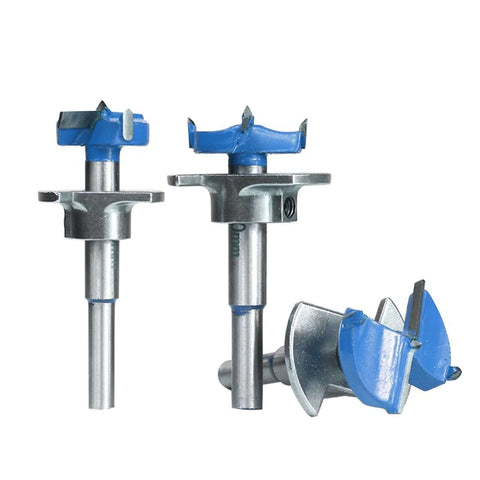 Front view of three adjustable carbide hinge-hole boring bits with blue T-handle tops and metal shanks