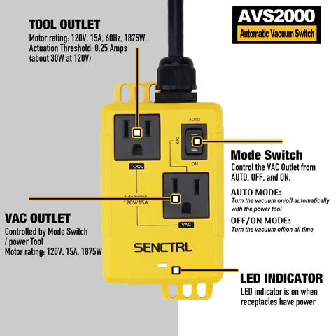 Front view: SENCTRL Automatic Vacuum Switch in yellow with tool and vacuum outlets and mode switch