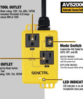 Automatic Vacuum Switch With Five Foot Power Cord For Power Tools And Table Saws Lets Your Vacuum Turn On And Off Automatically When The Tool Starts, Includes On Delay To Prevent Overload And Delayed Shutoff For Dust Collector shown with tool and vac outlets, mode switch, and LED indicator.