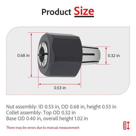 Self-Releasing Collet And Locking Nut Assembly For 1/4 Inch Routers, 6.35mm, product dimensions shown