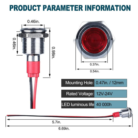 Red LED Indicator Lights Kit 12V-24V, 5 Pack, Waterproof 12mm Mounting Hole, Wide Flat Head Pilot Dash Lamps, 20mA Low Power, 150mm Wire, Energy Saving Signal Lights For Cars, Trucks, Boats.
