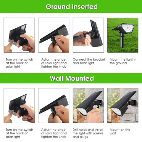 Instructions for installing Solar Spot Lights Outdoor 4 Pack, 700 Lumen IP67 Waterproof Landscape Uplights for garden and wall.