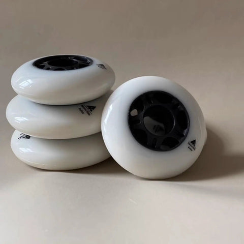88A Inline Skate Wheels 76mm And 90mm Replacement Set For Roller Blades, white PU wheels, stack view without bearings.