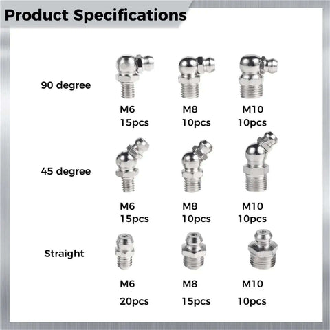 Solid 115 Piece Grease Fitting Kit With M6 M8 M10 Straight And 45 90 Degree Zerk Nipples Plated Nickel Check Valve Assortment For Cars And Trucks, 90, 45 and straight fittings