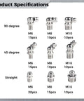 Grab This Awesome 115 Pcs Grease Fitting Kit With M6 M8 And M8 Nipples For All Your Auto Repair Needs Plus Nickel Plated Zerk Fittings That Are Super Durable And Ready To Go Straight Or At Angles. Product spec sheet of nickel-plated zerk fittings, M6 M8 M10 straight and angled