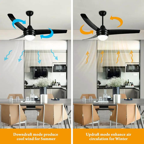 52 Inch Black Ceiling Fan With Remote Control And Light Kit in dining area showing downdraft and updraft modes for summer and winter