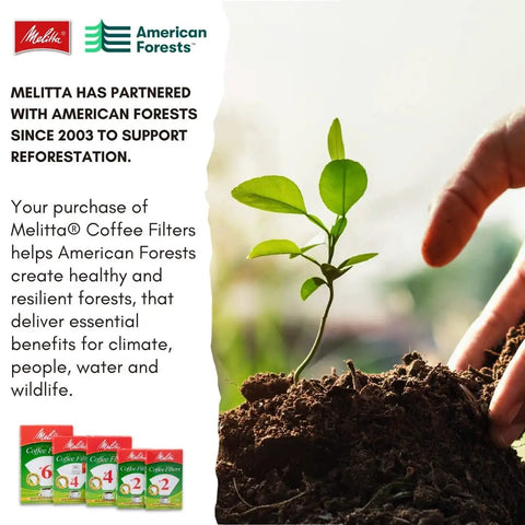 A hand planting a small tree in soil with Melitta and American Forests partnership text on environmental benefits, featuring coffee filters.