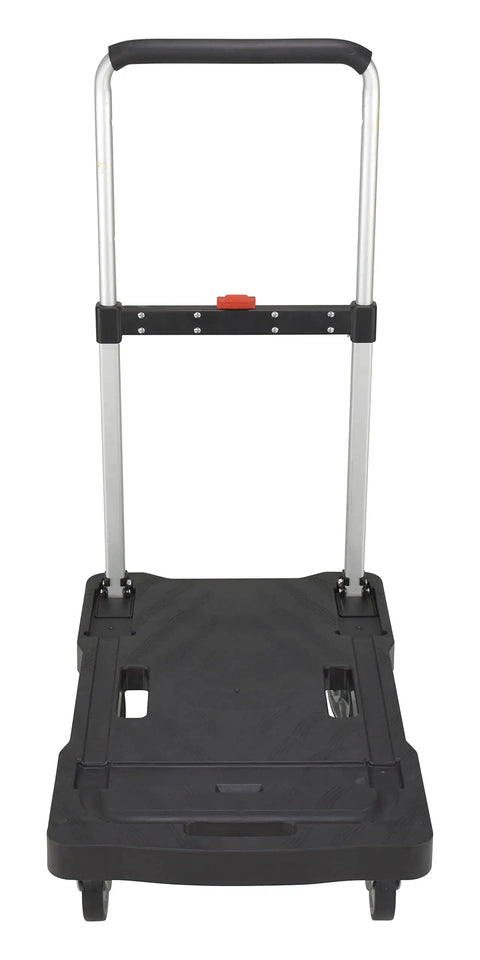 Plastic Fold Flat Cart Workhorse With Three Height Adjustable Handle Cushioned Grip Rubber Deck Non Slip Surface 300 Lb Capacity Black Ideal For Home Garage Warehouse Storage front view