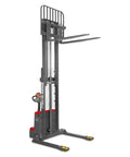 Mechmaxx 3300 Lb Electric Lithium Ion Straddle Stacker With 98 Inch Lift Height And Adjustable Legs Forks 24V Battery Industrial Pallet Handler For Warehouses side view with lift mechanism
