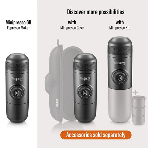 Image of Minipresso GR Portable Espresso Machine For Ground Coffee, shown with case and kit accessories, compact design.