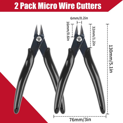 Two Pack Micro Wire Cutters 5 Inch Flush Cutters with Measurements and Black Handles for Electronics and Jewelry Making