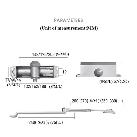 Diagram of Hydraulic Door Closer With Adjustable Speed For 25Kg To 85Kg Doors showing dimensions in mm