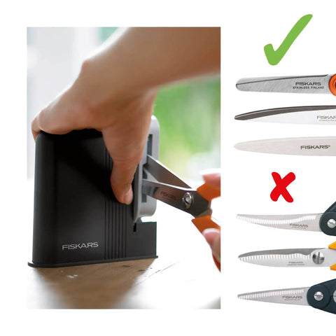 Clip Sharp Scissors Sharpener For All Scissors, durable plastic body in use, demonstrating quick no fuss sharpening.