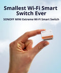 Hand holding Dope Tiny 10A WiFi Smart Light Switch Module For Diy Home Automation No Hub Needed Works With Alexa And Google Home 4 Pack