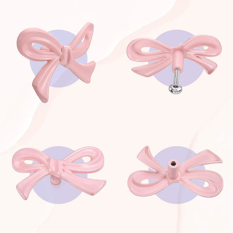Pink Bow Drawer Knobs Set For Dresser Cabinet Wardrobe 8 Pack 2.7 Inch Vintage Style Hardware Decorative Cabinet Handles front and back view