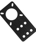 Front view of black anodized aluminum NEMA 17 motor mounting plate with central bore and multiple holes