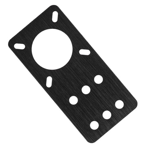 Front view of black anodized aluminum NEMA 17 motor mounting plate with central bore and multiple holes