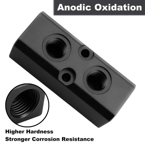 Two Way Four Port Air Compressor Manifold For Quick Tool Feed Inline Pneumatic Distribution Block With NPT Half Inch Supply Port And NPT Quarter Inch Output Ports Heavy Duty Black showing anodic oxidation finish