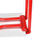 Close-up of Rugged Heavy-Duty Eaves Seam Locker Tool for Standing Seam Metal Roofs in red, showing crimping mechanism and legs.