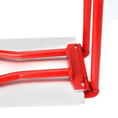 Close-up of Rugged Heavy-Duty Eaves Seam Locker Tool for Standing Seam Metal Roofs in red, showing crimping mechanism and legs.