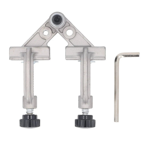 Heavy Duty Adjustable Pipe Alignment Clamp Made From Strong Aluminum Die Casting For Welding And Furniture Construction 10 To 180 Degree Swing showing two clamps and an Allen wrench.