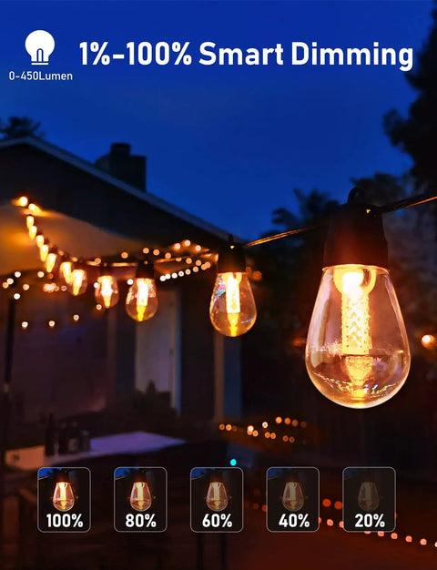 50Ft Led Outdoor String Lights With Dimmer And App Control, showcasing S14 Edison bulbs illuminating a patio at night with dimming levels.
