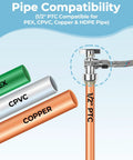 Pipe compatibility graphic for Ten Pack Lead Free Brass Angle Stop Valves 1/2 X 3/8 for PEX, CPVC, Copper, HDPE.