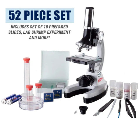 Rock Solid 1200X Monocular Compound Microscope With Killer LED Lighting And A Straight Up 52 Piece Science Starter Kit For Students Crushing Biology And Chemistry Labs, featuring microscope, slides, and lab tools.