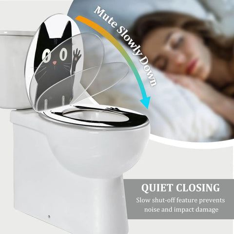 Elongated Resin Toilet Seat for Halloween Bathroom Decor with black cat design; features quiet closing mechanism.