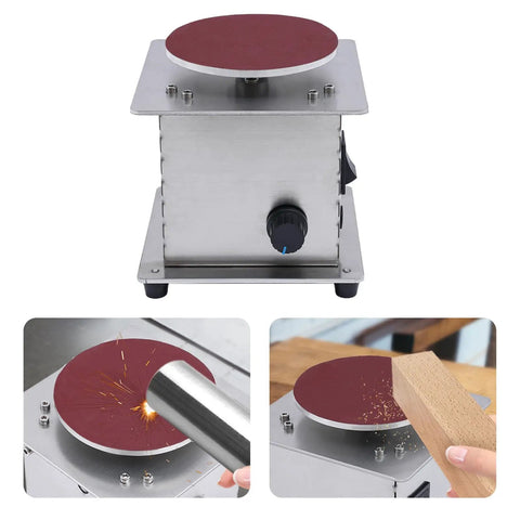 Turn Up The Heat With This Badass Mini Disc Sander Featuring A 200W Copper Motor Cranking Out 6000RPM To Smooth Polish Wood Metal Plastic And Sharpen Scissors With Belt Disc Options And Smooth Knob Control, showing a compact metal sander with a red sanding disc.