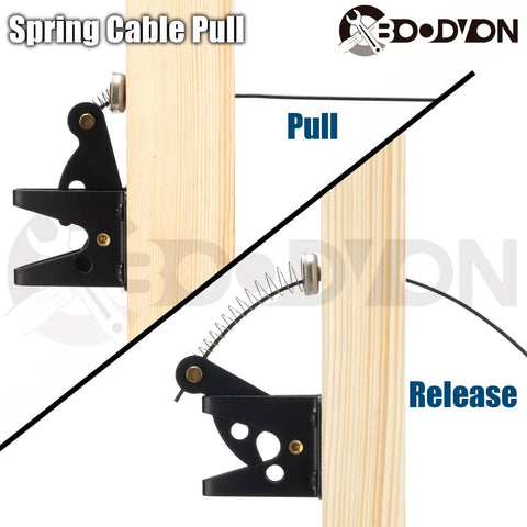 Built Tight Smooth Pull Adjustable Gate Latch Cord With Spring, Heavy Duty stainless steel latch on wooden post, pull and release mechanism.