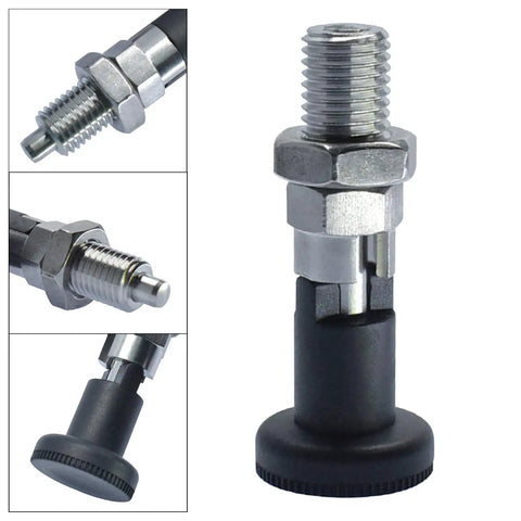 Lock Tight Self Locking Knob Plunger With Fine Thread Adjustment For Precision Positioning Rock Solid Steel Indexing Pin Bolt No Play Industrial Hardware M16 image showing detailed view of stainless steel plunger with knob.