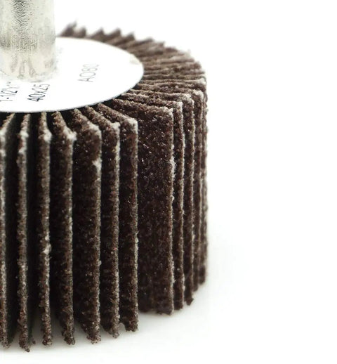 Close-up of Aluminum Oxide One And One Half Inch Flap Wheel One Inch Wide With One Quarter Inch Shank Mounted Sander, 40 grit