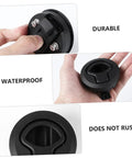 Round black flush pull slam latch for boat and RV cabinets; front view shows screw-in mount, waterproof.