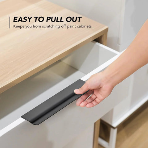 Person installing a 10 Pack Black Finger Edge Pulls For Cabinets And Drawers, 5.9 Inch Length 150mm With 5 Inch Hole Center 128mm.