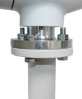Close-up of 1200W Wind Turbine Generator Kit With 5 Blade Design And Controller, metal and bolts showing connection.