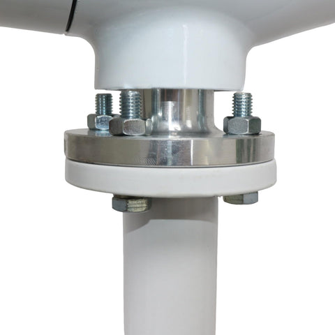 Close-up of 1200W Wind Turbine Generator Kit With 5 Blade Design And Controller, metal and bolts showing connection.