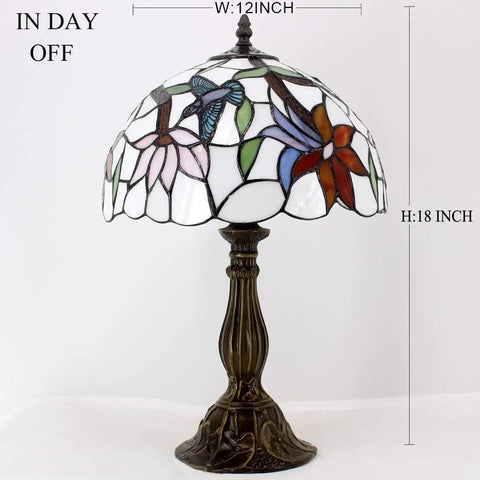 Tiffany Style Hummingbird Stained Glass Table Lamp With 12 Inch Shade And 18 Inch Tall Antique Green Bronze Base Ideal Bedside Desk Reading Light For Bedroom Living Room Home Office UL Listed With On Cord Switch