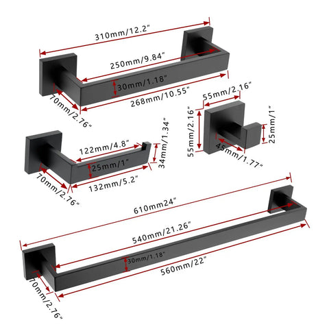 Diagram of Matte Black Bathroom Hardware Set With 24 Inch And 12.2 Inch Towel Bars Four Piece Kit Stainless Steel Rustproof SUS304