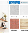 Five Pack Hidden Stainless Steel Shelf Brackets for White Walls with wall types: concrete, tile, red brick, wooden board.