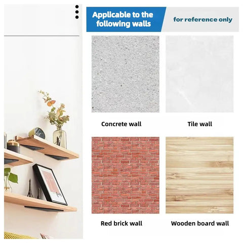 Five Pack Hidden Stainless Steel Shelf Brackets for White Walls with wall types: concrete, tile, red brick, wooden board.