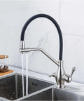 TXGJWRA Faucet 3-Way Tap with Pull-Out Spray Black Silicone Hose Chrome Finish Ideal for Under Sink Water Filter Systems - Versatile Kitchen Mixer Faucet,Brushed Nickel-A in a modern kitchen sink.