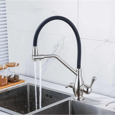 TXGJWRA Faucet 3-Way Tap with Pull-Out Spray Black Silicone Hose Chrome Finish Ideal for Under Sink Water Filter Systems - Versatile Kitchen Mixer Faucet,Brushed Nickel-A in a modern kitchen sink.