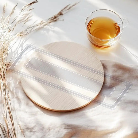 Clear Acrylic Router Template Set With Four Rectangular Inlay Guides And Etched Dimensions For Precision Woodworking Cuts displayed on wooden surface with a cup of tea.