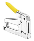 Heavy Duty Staple Gun With Rear Load Magazine For Voice And Data Cables And Wiring, chrome and yellow steel design
