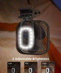 20000mAh Rechargeable Clip On Fan With 78 Hours Battery Life 8 Inch Personal Cooling hanging in tent with built-in light on