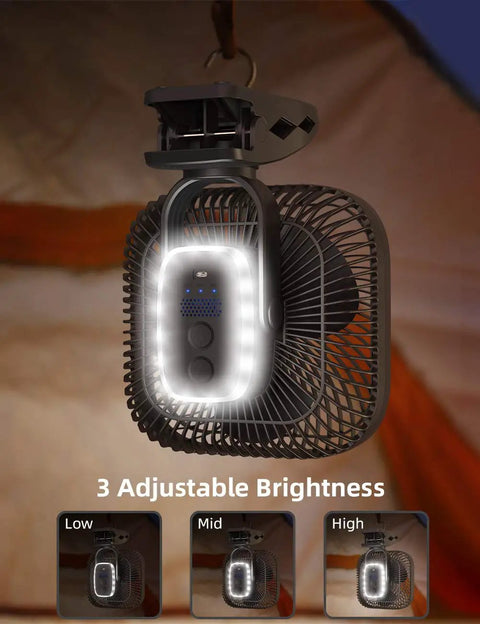 20000mAh Rechargeable Clip On Fan With 78 Hours Battery Life 8 Inch Personal Cooling hanging in tent with built-in light on